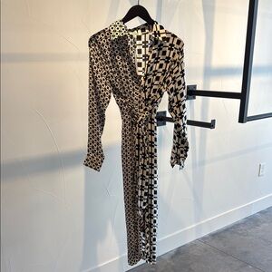 Geometric Black and White Wrap Dress